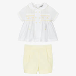 Sarah Louise-Boys White & Yellow Cotton Hand-Smocked Buster Suit | Childrensalon