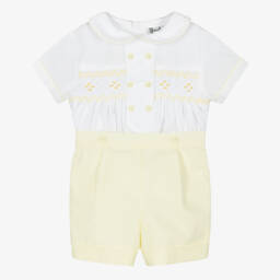 Sarah Louise-Boys White & Yellow Cotton Hand-Smocked Buster Suit | Childrensalon
