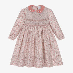 Sarah Louise-Girls Pink Floral Hand-Smocked Long Sleeve Dress | Childrensalon