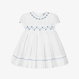 Sarah Louise-Girls White & Blue Floral Smocked Dress | Childrensalon