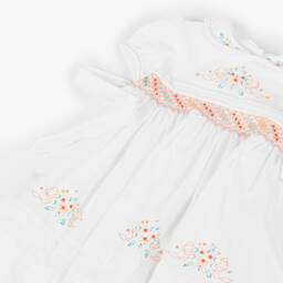 Sarah Louise-فستان بتطريز سموك قطن لون أبيض | Childrensalon