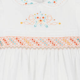 Sarah Louise-فستان بتطريز سموك قطن لون أبيض | Childrensalon
