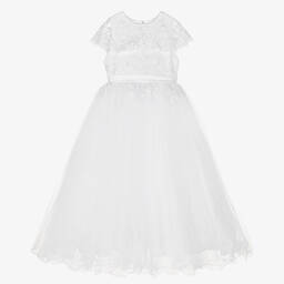 Sarah Louise-Girls White Embroidered Tulle Communion Dress | Childrensalon