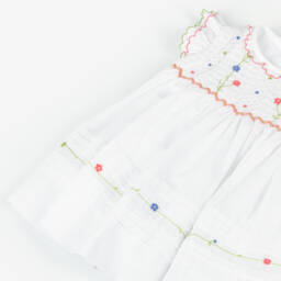 Sarah Louise-Girls White Hand-Smocked Dress with Floral Embroidery | Childrensalon