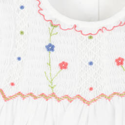 Sarah Louise-Girls White Hand-Smocked Dress with Floral Embroidery | Childrensalon
