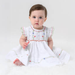 Sarah Louise-Girls White Hand-Smocked Dress with Floral Embroidery | Childrensalon