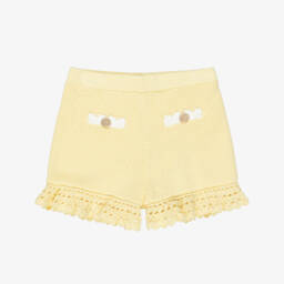 Girls Yellow Pointelle Knitted Shorts with Seashell Buttons