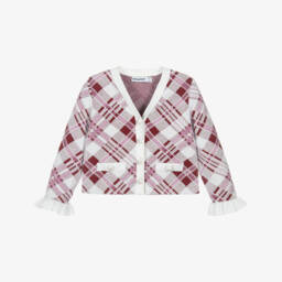 White & Burgundy Red Check Knitted Cardigan