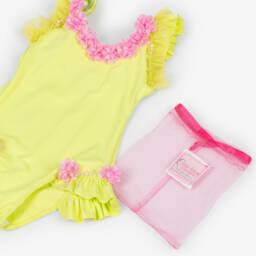 Selini Action-Girls Lime Green Swimsuit with Pink Flowers | Childrensalon