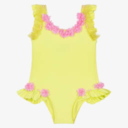 Selini Action-Girls Lime Green Swimsuit with Pink Flowers | Childrensalon