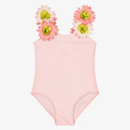 Selini Action-Girls Pastel Pink Swimsuit with Flower Trim | Childrensalon