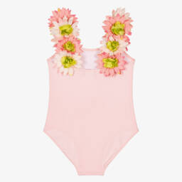 Selini Action-Girls Pastel Pink Swimsuit with Flower Trim | Childrensalon