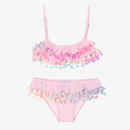 Selini Action-Girls Pink Ruffle & Pom-Pom Bikini | Childrensalon