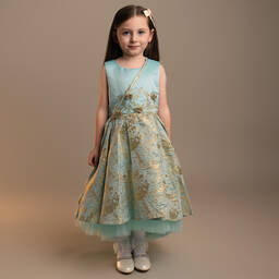 Sevva-Girls Blue Satin & Brocade Dress Set | Childrensalon