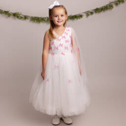 Sevva-Girls Ivory & Pink Butterfly Tulle Dress | Childrensalon