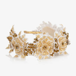 Sienna Likes To Party-Girls White & Gold Crystal Flower Hairband | Childrensalon