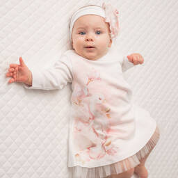 Sofija-طقم فستان أطفال بناتي تول قطن جيرسي لون عاجي | Childrensalon