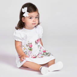 Sofija-Baby Girls White Cotton Floral Print Dress | Childrensalon