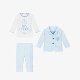 Sofija-Boys Blue & White Cotton Jersey Monogram Logo Suit | Childrensalon