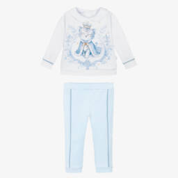 Sofija-Boys White & Blue Cotton Tiger Print Trouser Set | Childrensalon