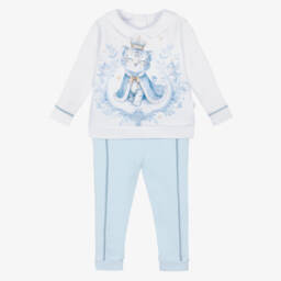 Sofija-Boys White & Blue Cotton Tiger Print Trouser Set | Childrensalon