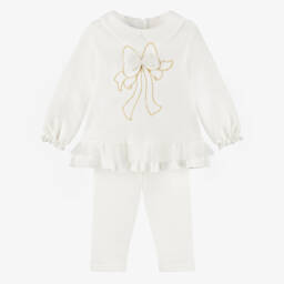 Sofija-Girls Ivory Cotton Jersey Leggings Set with Bow Motif | Childrensalon