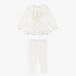 Sofija-Girls Ivory Cotton Jersey Leggings Set with Bow Motif | Childrensalon