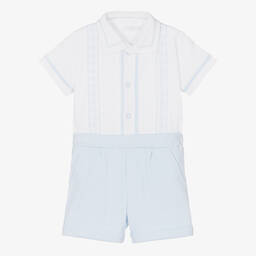 Sofija-شورت وأوفرول بادي قطن لون أبيض وأزرق فاتح للمواليد | Childrensalon