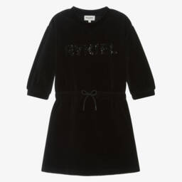Sonia Rykiel Paris-Girls Black Velour Rhinestone Logo Dress | Childrensalon