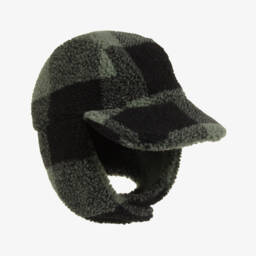 Stella McCartney Kids-Boys Black & Green Check Sherpa Fleece Hat | Childrensalon