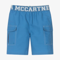 Stella McCartney Kids-Boys Blue Logo Waistband Swim Shorts | Childrensalon