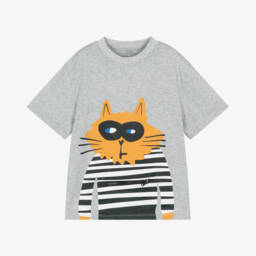 Stella McCartney Kids-Boys Grey Cotton Cat T-Shirt | Childrensalon