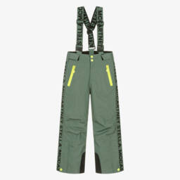 Boys Khaki Green Ski Trousers With Neon Yellow Detailing