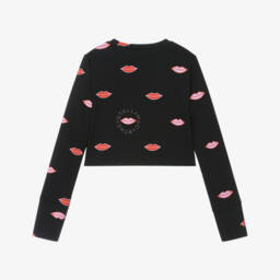 Stella McCartney Kids-Girls Black Long Sleeve Sports Top with Lip Motif | Childrensalon
