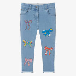 Stella McCartney Kids-Girls Blue Denim Slim Fit Jeans with Bow Print | Childrensalon