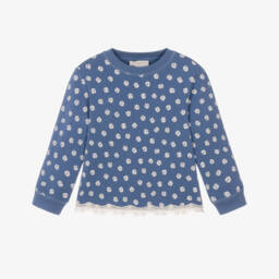 Girls Blue & White Floral Sweatshirt with Lace Trim