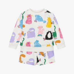Stella McCartney Kids-Girls Ivory Cotton Cat Print Shorts Set | Childrensalon
