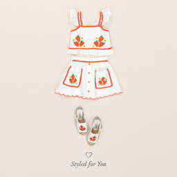 Stella McCartney Kids-Girls Ivory Cotton & Linen Strawberry Skirt | Childrensalon