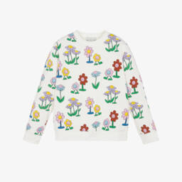 Girls Ivory Cotton Sweatshirt with Smiling Flower Print