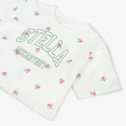 Stella McCartney Kids-Girls Ivory Cotton T-Shirt with Rose Print & Varsity Logo | Childrensalon