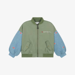 Stella McCartney Kids-Girls Khaki Satin & Blue Denim Bomber Jacket | Childrensalon