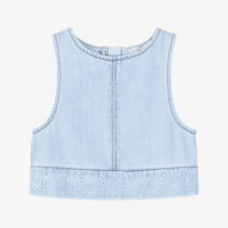 Girls Light Blue Denim Sleeveless Top with Embroidered Logo