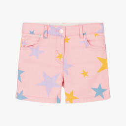 Girls Light Pink Star Print Denim Shorts