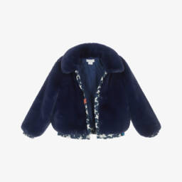 Stella McCartney Kids-Girls Navy Blue Faux Fur Jacket with Denim Star Trim | Childrensalon