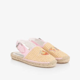 Stella McCartney Kids-Girls Pink & Beige Straw Espadrilles | Childrensalon