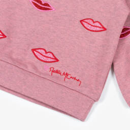 Stella McCartney Kids-Girls Pink Cotton Sweatshirt with Glittery Lip Appliqués | Childrensalon