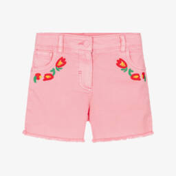 Girls Pink Denim Shorts with Flower Embroidery
