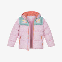 Stella McCartney Kids-Girls Pink Stars & Birds Puffer Jacket | Childrensalon