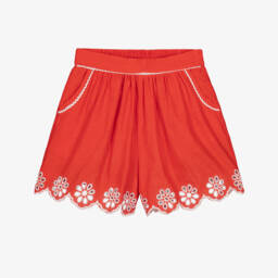 Girls Red Linen & Cotton Broderie Anglaise Shorts