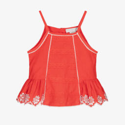 Girls Red Linen & Cotton Broderie Anglaise Strappy Blouse